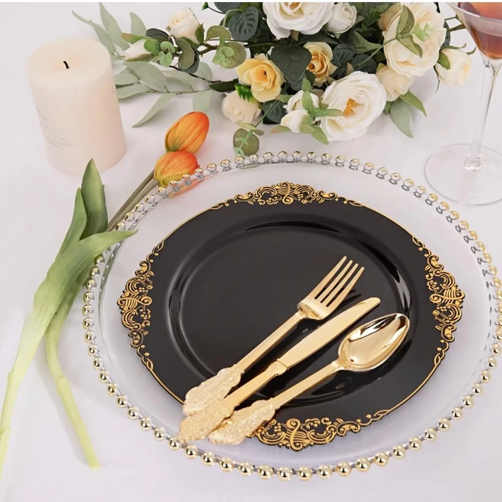 Elegant Black and Gold Dinner Plates 100pcs